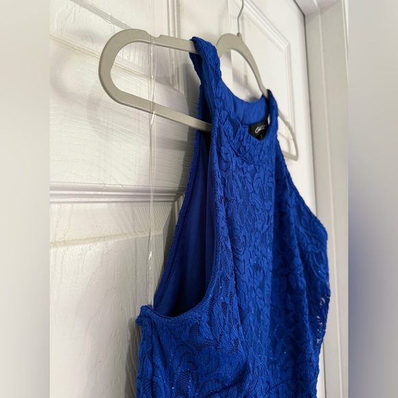 Candalite Royal Blue Lace Dress XL Formal Hi Low Maxi Sparkle All Over High Neck - Picture 8 of 16